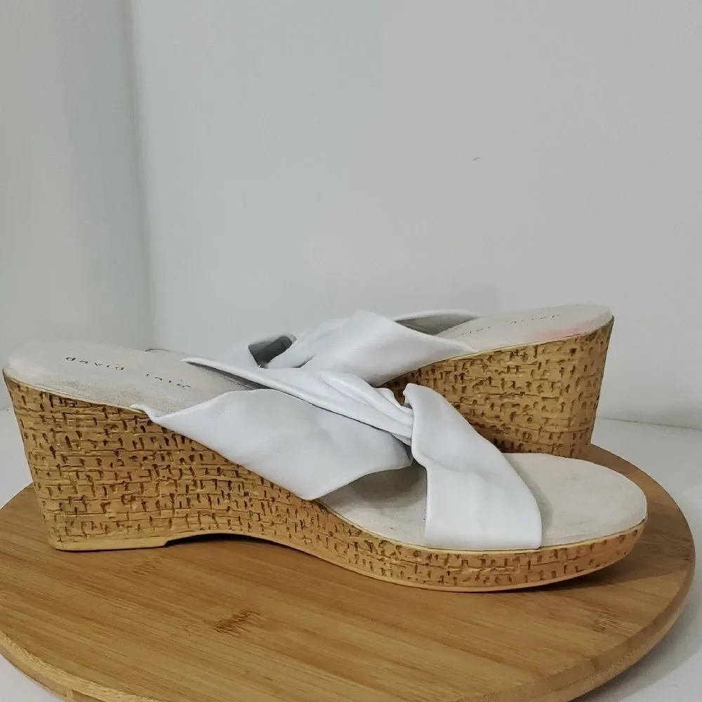 David Tate Loop Slide Sandals White Leather Slip On Wedge Women's Size 13